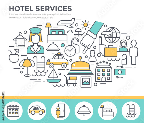 Hotel services concept illustration, thin line flat design vector template