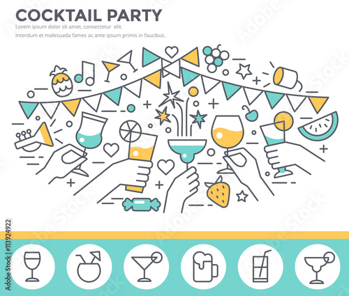 Cocktail party invitation concept template, hands of friends with alcohol drinks making toast vector illustration, thin line, flat design