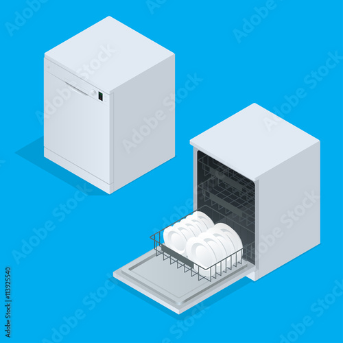 Dishwasher full of utensils isolated against white background. 3d isometric vector illustration.