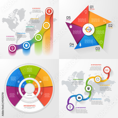 Set of four vector infographic templates. Business, education, industry, science concept with 5 values, options, parts, steps, processes.