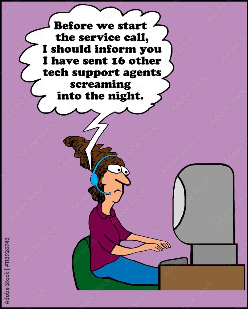 Business cartoon about a very difficult customer on a tech support call.  Stock Illustration | Adobe Stock