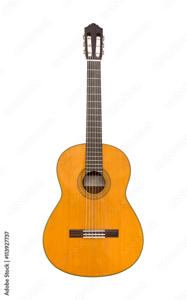Natural Wooden Classical Acoustic Guitar Isolated on a White Background