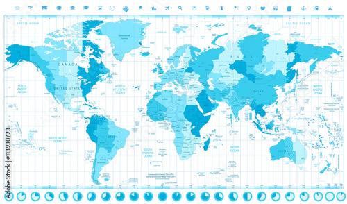 World Map with Standard Time Zones soft tints of blue and clock