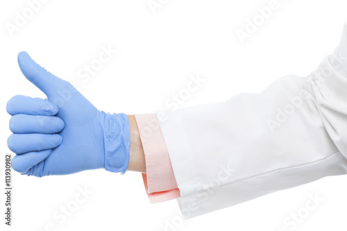 Doctor's hand in glove showing thumb up