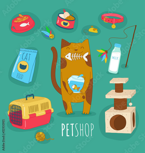 Funny set of cat life icons. Cat food and toys. Vector illustrations.
