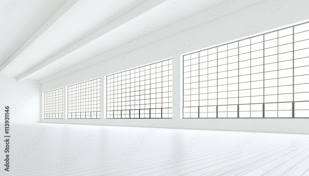 Empty modern industrial room with huge panoramic windows,painted white wood floor and blank walls.Generic design interior contemporary conference hall.Open space business idea.Horizontal.3D rendering. Empty modern industrial room with huge panoramic windows,painted white wood floor and blank walls.Generic design interior contemporary conference hall.Open space business idea.Horizontal.3D rendering.