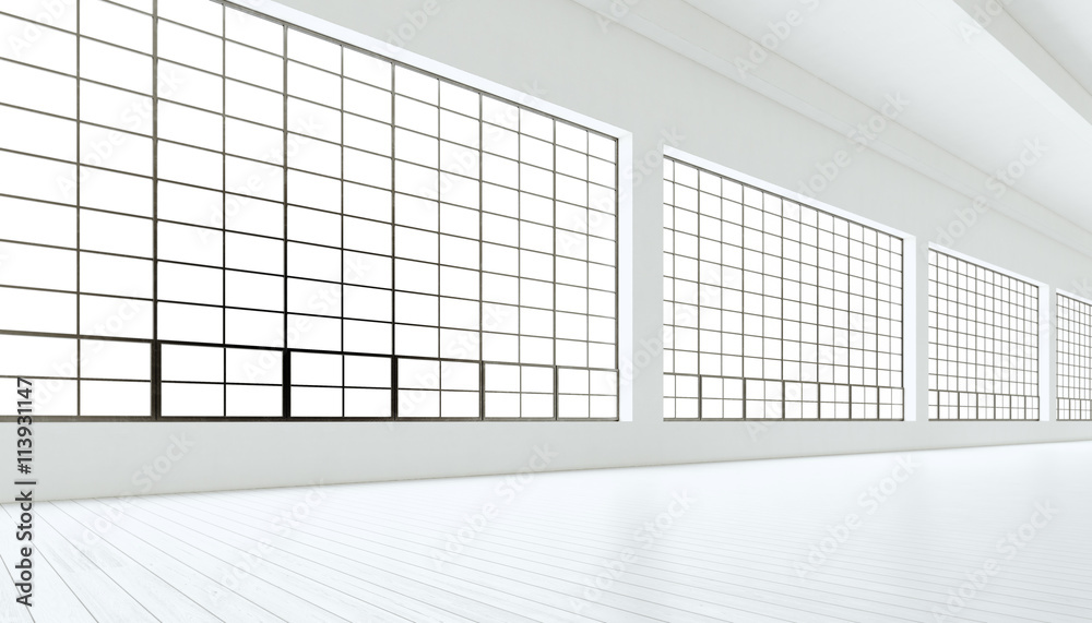 Empty modern industrial room with huge panoramic windows,painted white ...