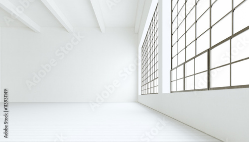 Blank modern industrial room with huge panoramic windows,painted white wood floor,empty walls.3D rendering.Generic design interior contemporary building.Open space business conference hall.Horizontal.