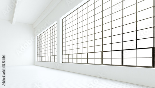 Empty modern industrial expo room huge panoramic windows painted white wood floor clean walls.3D rendering.Generic design interior contemporary building.Open space business conference hall.Horizontal.