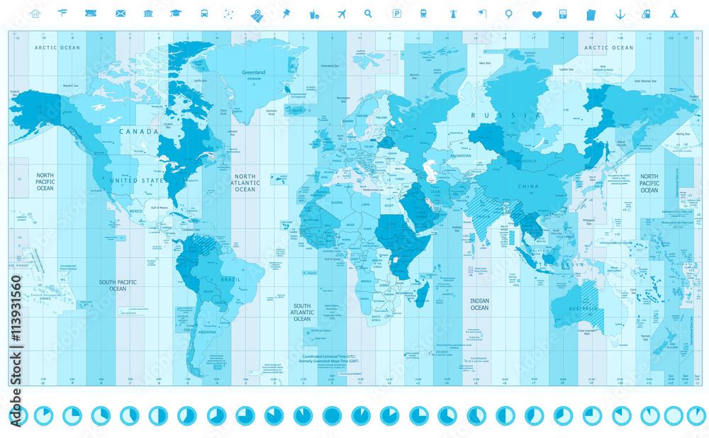 World Map with Standard Time Zones soft tints of blue with clock Stock ...