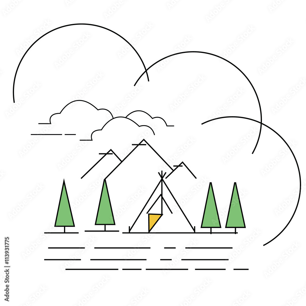 line style illustration landscape mountain with tent on lake camping