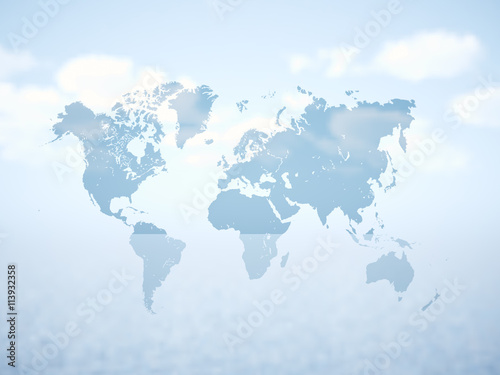 Blank Grey Political World Map. 3D rendering. Empty white clouds background. High textured row materials. Mockup ready for business information. Horizontal. photo