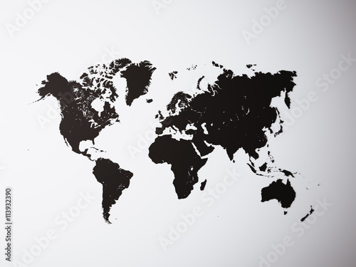 Blank Black Texture Political World Map. 3D rendering. Empty Concrete wall background. High textured row materials. Mockup ready for business information. Horizontal.