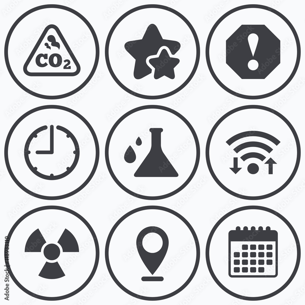 Attention radiation icons. Chemistry flask. Attention radiation icons. Chemistry flask.