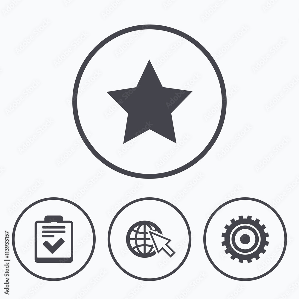Star and globe signs. Checklist, gear.