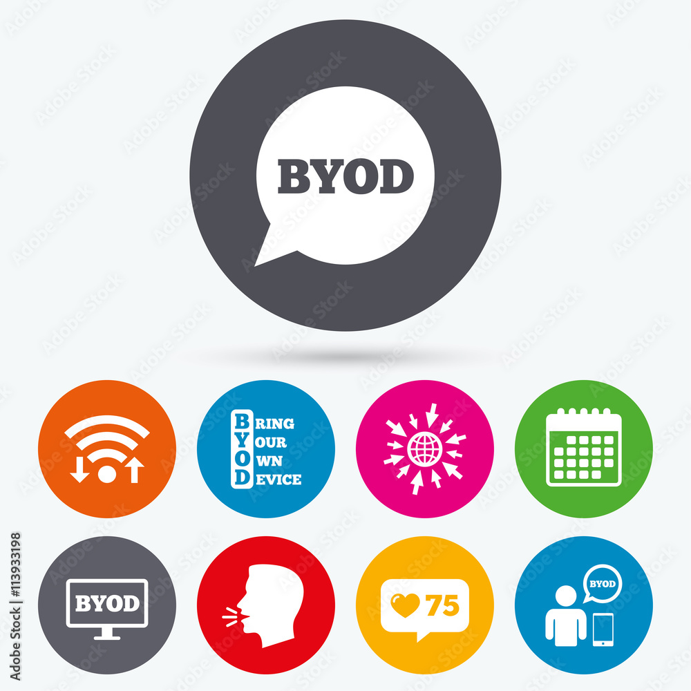 BYOD signs. Human with notebook and smartphone. BYOD signs. Human with notebook and smartphone.