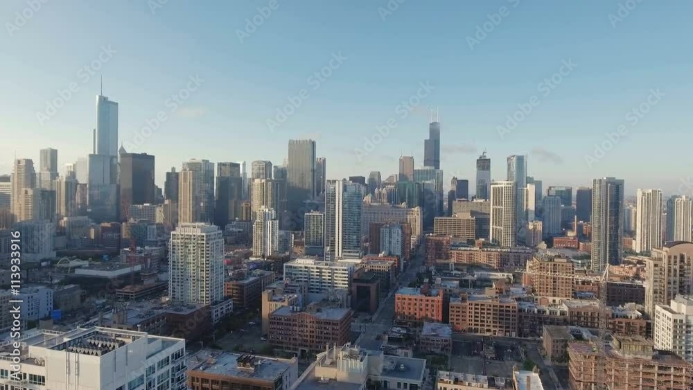 Aerial view of Chicago Downtown buildings at sunrise Aerial view of Chicago Downtown buildings at sunrise