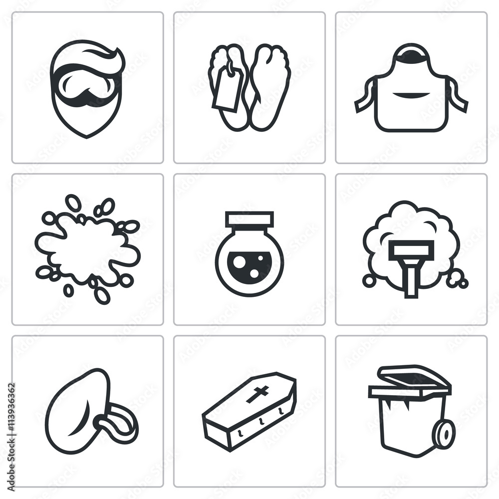 Vector Set of Cleaning after the murder Icons. Man, Morgue, Uniform, Blood, Reagent, Vacuum Cleaner, Dust Mask, Coffin, Trash can.