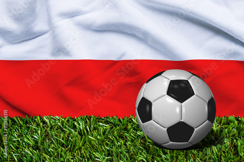 Soccer Ball on Grass with Poland Flag Background  3D Rendering