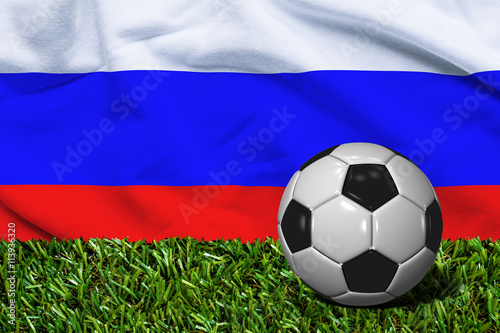 Soccer Ball on Grass with Russia Flag Background  3D Rendering