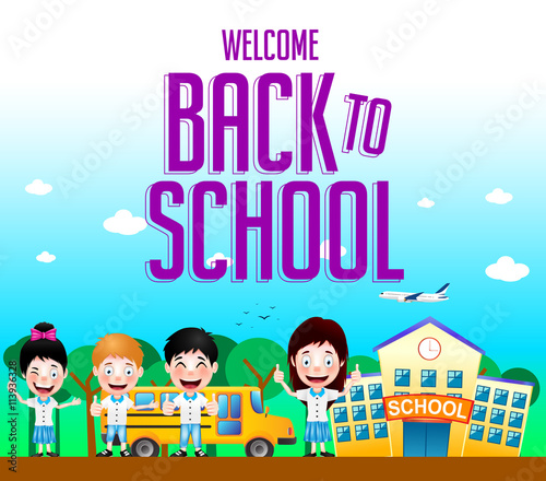 Welcome Back to School Text with School Building and School Bus with Happy Kids Characters. Vector Illustration   