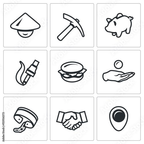 Vector Set of Cheap Labor Icons. Worker, Tool, Economy, Production, Food, Payment, Slavery, Agreement, Location.