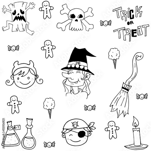 Element halloween face and witch in doodle