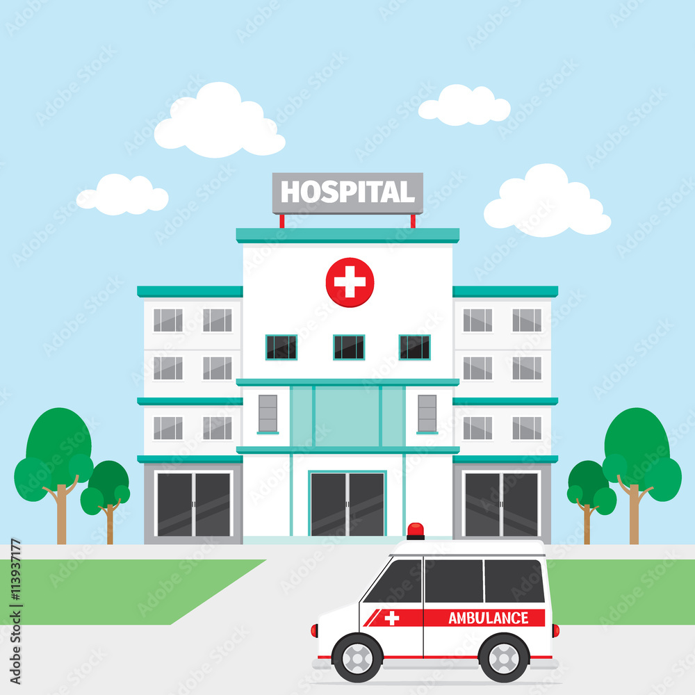 Hospital Building And Ambulance, Architecture, Exterior, Medical, Vehicle, Healthy, Emergency