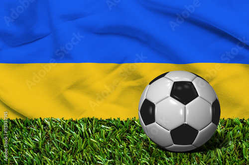 Soccer Ball on Grass with Ukraine Flag Background  3D Rendering