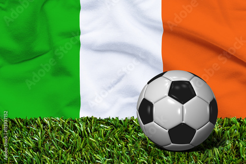 Soccer Ball on Grass with Ireland Flag Background  3D Rendering