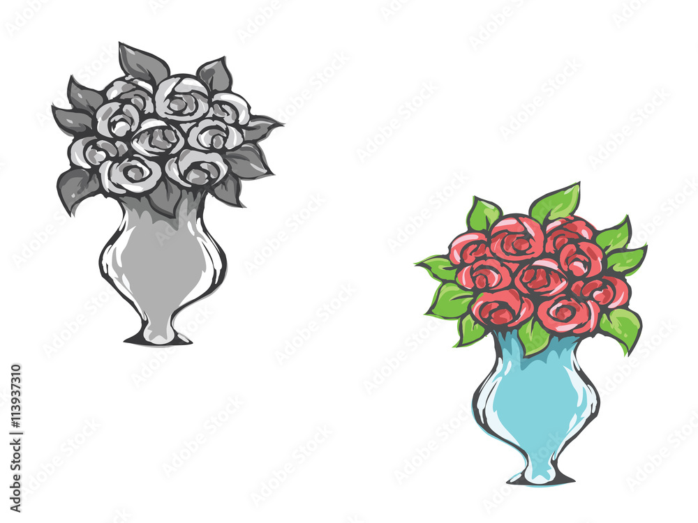 Flowers In Pot Rose Vector Drawing
