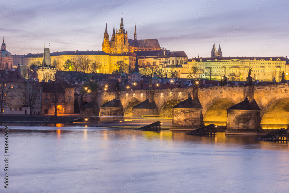 Prague Castle and Vltava river at Twilight