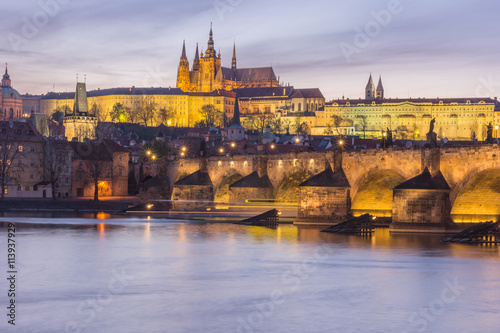 Prague Castle and Vltava river at Twilight