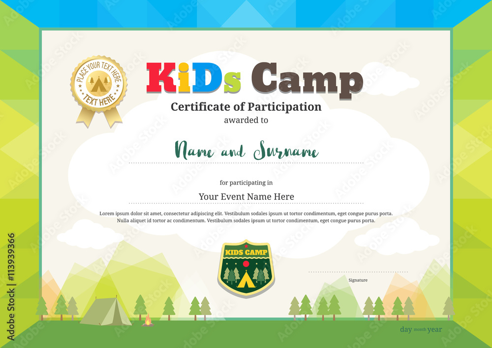 Colorful certificate of participation for kids activities or kids camp
