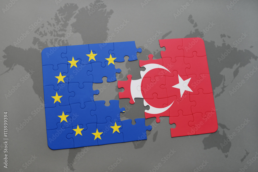 puzzle with the national flag of turkey and european union on a world ...