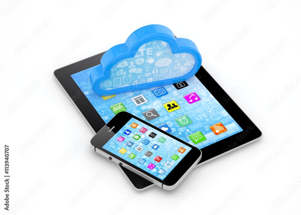 tablet pc, smart phone and cloud. 3d rendering. tablet pc, smart phone and cloud. 3d rendering.