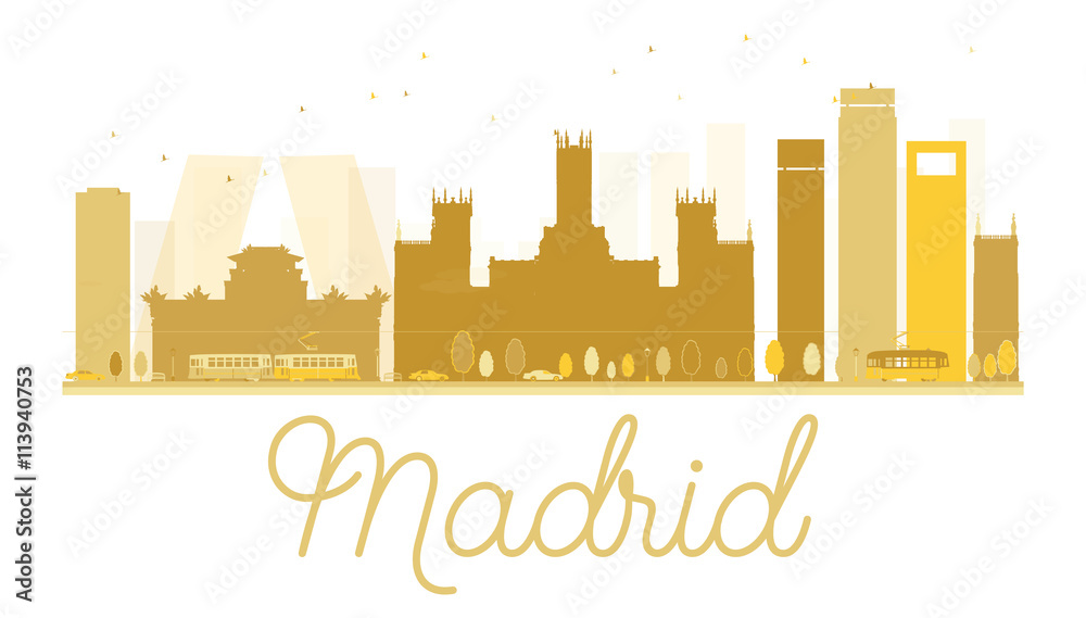 Madrid City skyline golden silhouette.