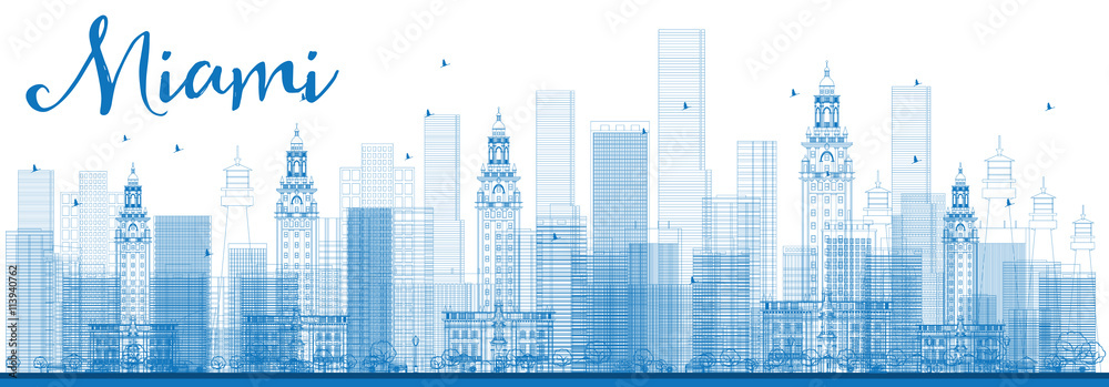 Outline Miami Skyline with Blue Buildings.