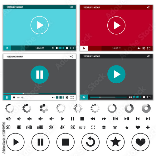 Media players with video controls buttons set. Set of interface player with button control and web video player. Vector illustration
