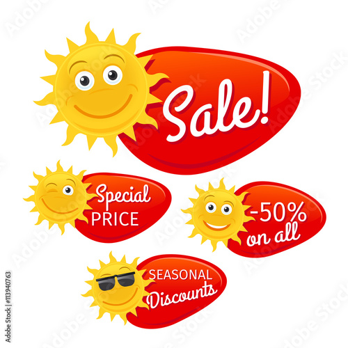 Summer sale labels promotional advertising with smiling sun. Vector illustration