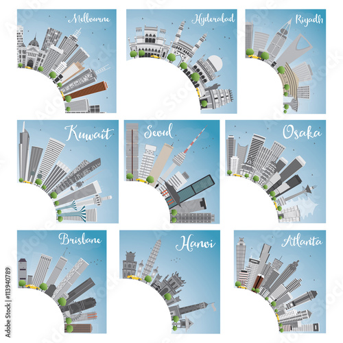 Set of 9 City Skyline with Copy Space. Vector Illustration.