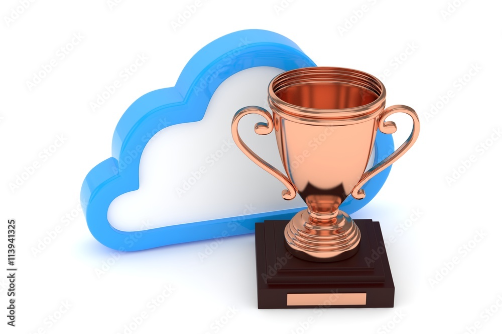 Isoalted bronze cup with cloud on white background. Blue contour cloud. Concept of cloud storage competition. Leader cloud drive. Best storage contest. 3D rendering. Isoalted bronze cup with cloud on white background. Blue contour cloud. Concept of cloud storage competition. Leader cloud drive. Best storage contest. 3D rendering.