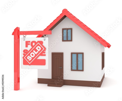 Isolated model of house with sign for sale sold. Concept of real estate, new apartment and moving to a new house. 3D rendering.