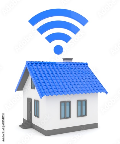 Wifi house on white background. Wireless technology. Internet, phone and radio signal. Network. 3D rendering