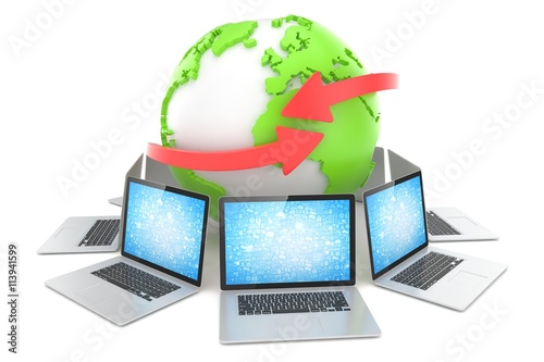 Laptop network around earth globe. 3d render