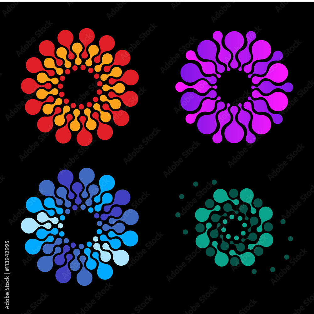 Vector isolated sun logo design template. Abstract dots symbol. Icon round shape. Colorful logos set. Vector isolated sun logo design template. Abstract dots symbol. Icon round shape. Colorful logos set.