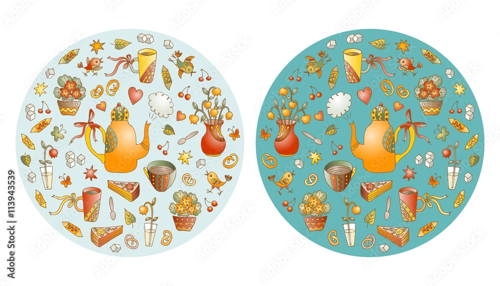 Tea time. Beautiful round shape made of cute hand drawn elements for tea party - teapots, cups, vases with flowers and birds. Vector illustration of circle made of sweets.