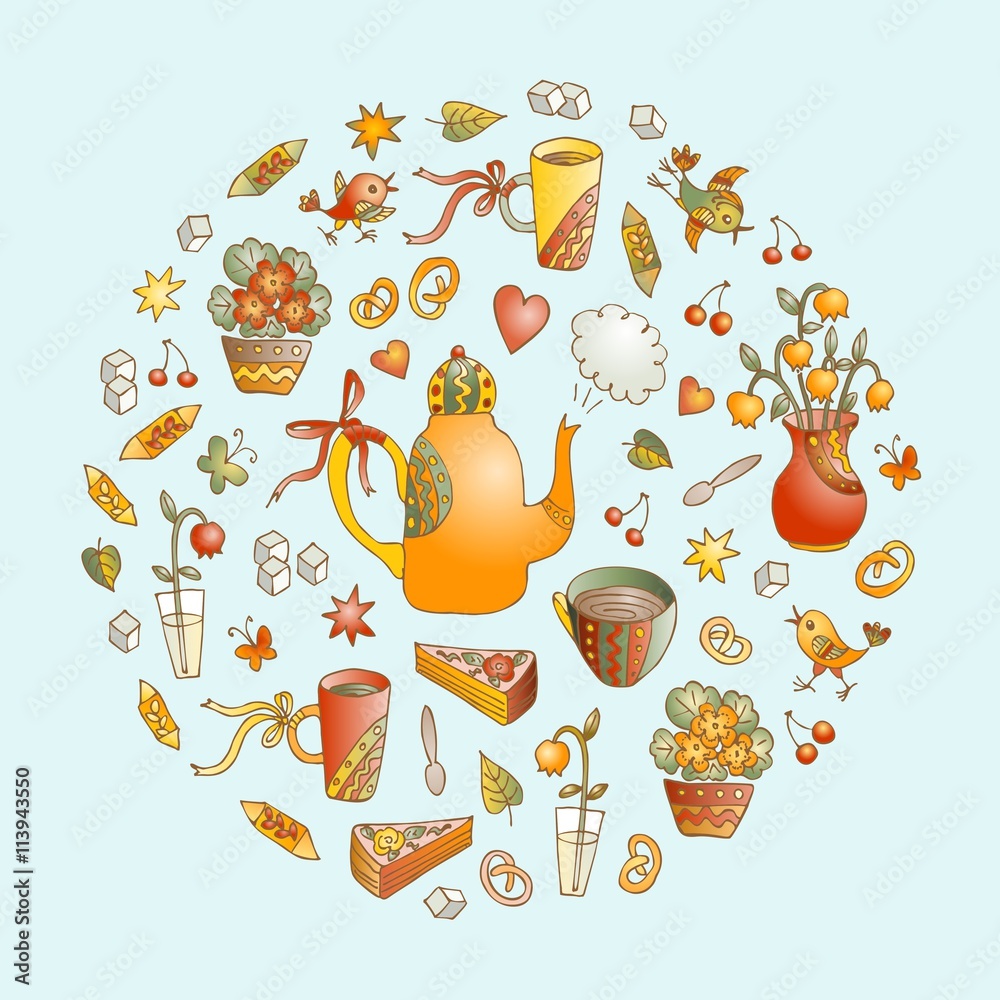 Vector tea time illustration. Beautiful round shape made of cute hand drawn elements for tea party - teapots, cups, sweets, flowers and birds. Card with circle made of sweet doodles.