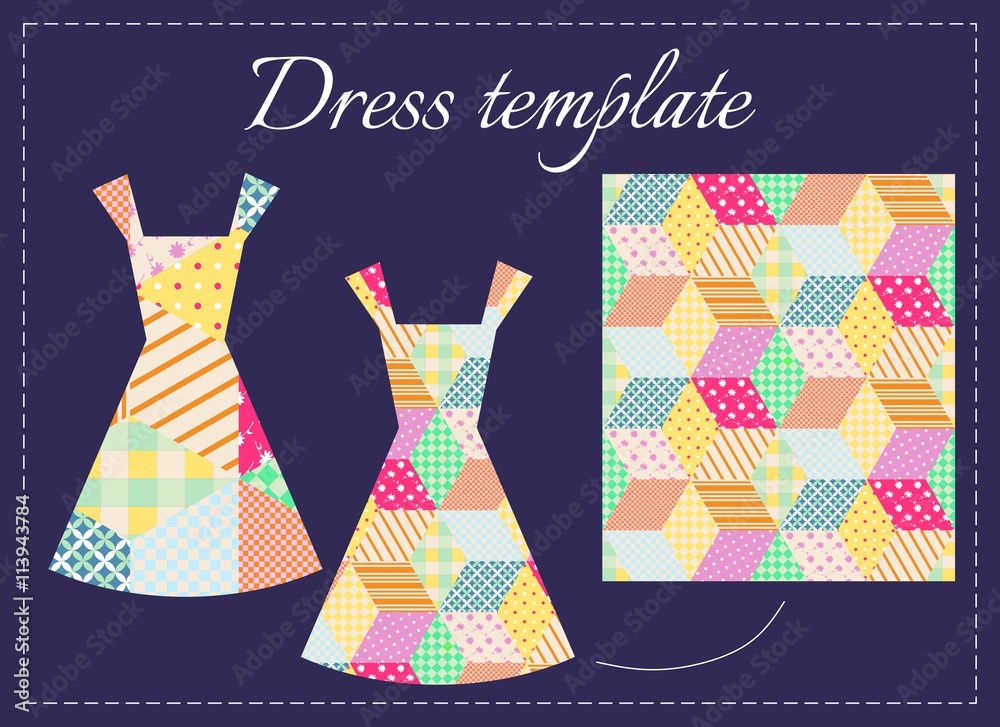 Card with two beautiful summer dresses and patchwork pattern. Fashion design. Vector illustration. Card with two beautiful summer dresses and patchwork pattern. Fashion design. Vector illustration.