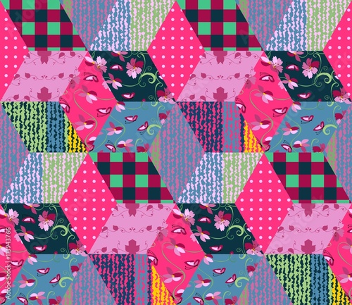 Seamless patchwork pattern with colorful rhombus patches. Vector illustration of quilt.